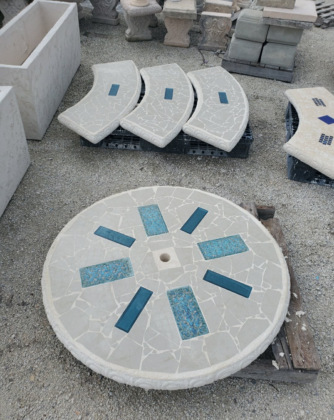 Concrete Mosaic Table and Benches | Outdoor Patio Furniture | Outdoor  Picnic Tables | Berthasfountains.com | BERTHA'S FOUNTAINS 10900 N.W. South  River Dr. Medley Fl, 33178 305-206-5897, image size:1080x1360